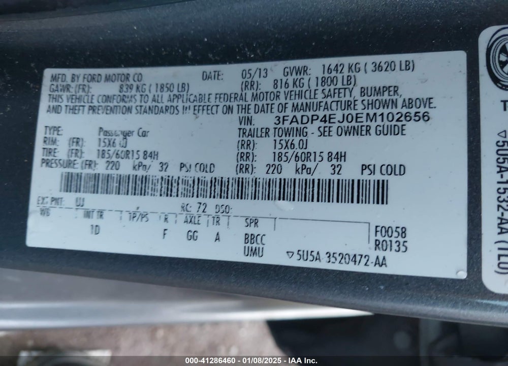 2014 FORD FIESTA VIN: 3FADP4EJ0EM102656