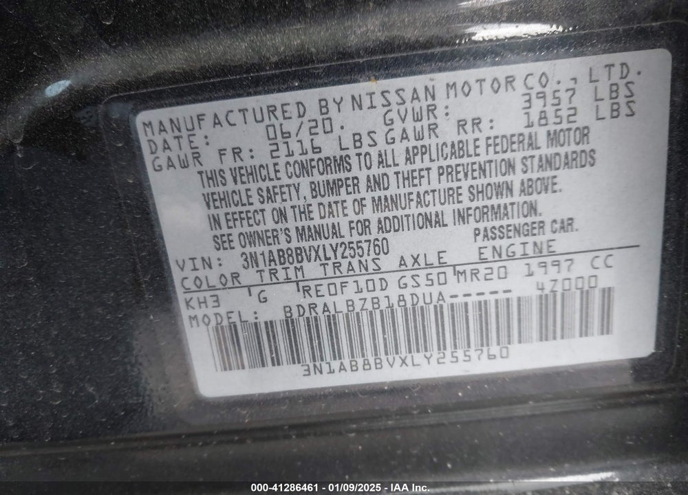 2020 NISSAN SENTRA VIN: 3N1AB8BVXLY255760