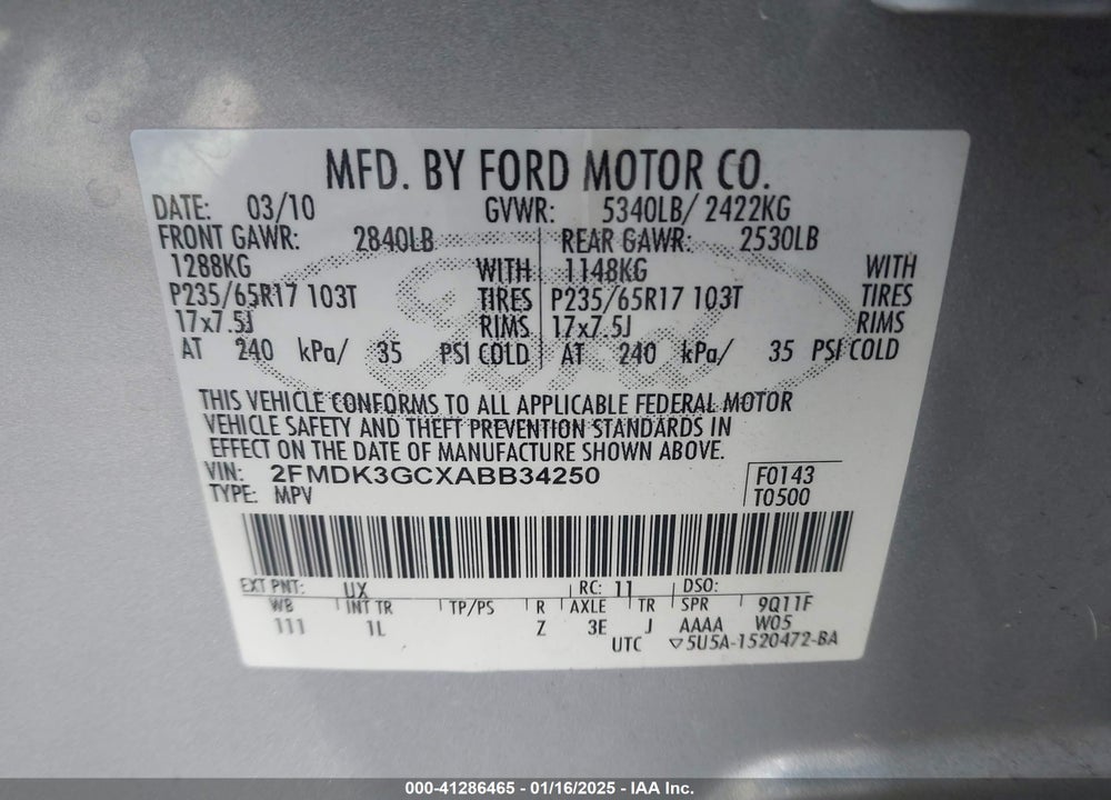 2010 FORD EDGE SE VIN: 2FMDK3GCXABB34250