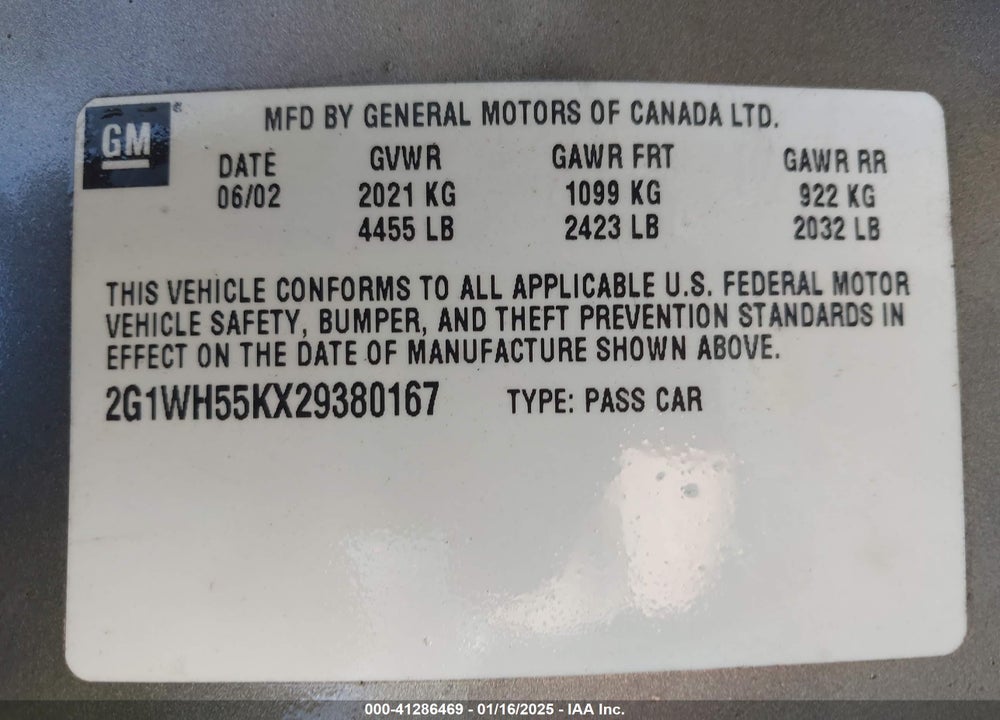 2002 CHEVROLET IMPALA LS VIN: 2G1WH55KX29380167
