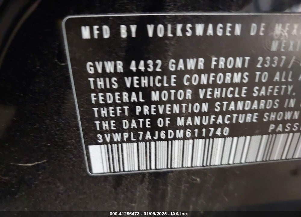 2013 VOLKSWAGEN JETTA VIN: 3VWPL7AJ6DM611740