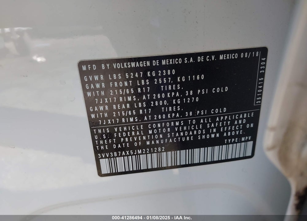 2018 VOLKSWAGEN TIGUAN 2.0T SE/2.0T SEL VIN: 3VV3B7AX5JM221282