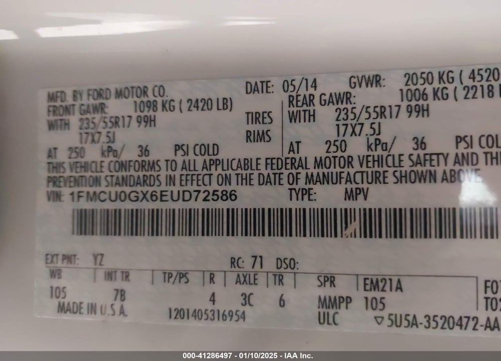 2014 FORD ESCAPE SE VIN: 1FMCU0GX6EUD72586
