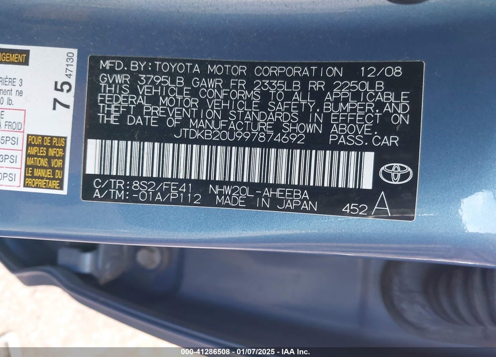 2009 TOYOTA PRIUS VIN: JTDKB20U997874692