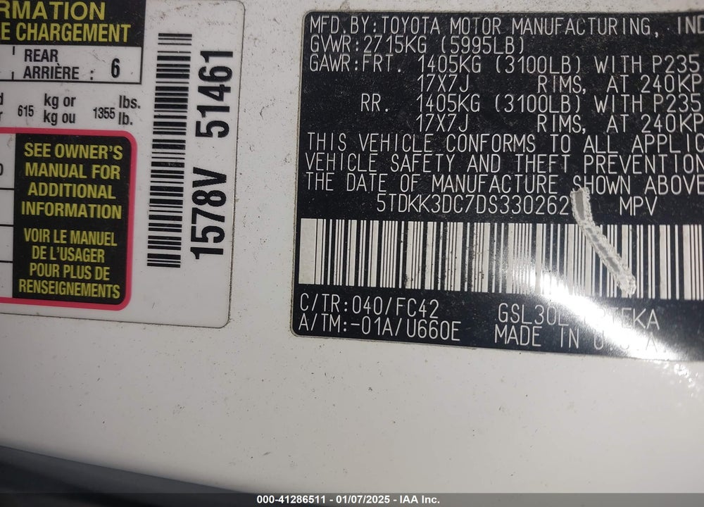 2013 TOYOTA SIENNA LE V6 8 PASSENGER VIN: 5TDKK3DC7DS330262