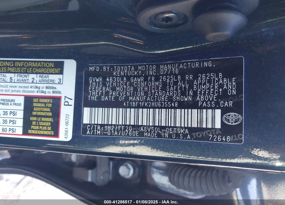 2017 TOYOTA CAMRY VIN: 4T1BF1FK2HU635548
