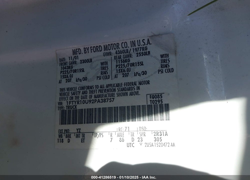2002 FORD RANGER EDGE/XL/XLT VIN: 1FTYR10U92PA38757