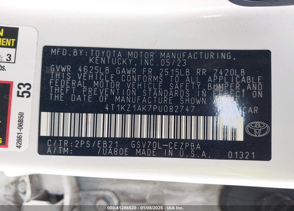 2023 TOYOTA CAMRY VIN: 4T1KZ1AK7PU082747