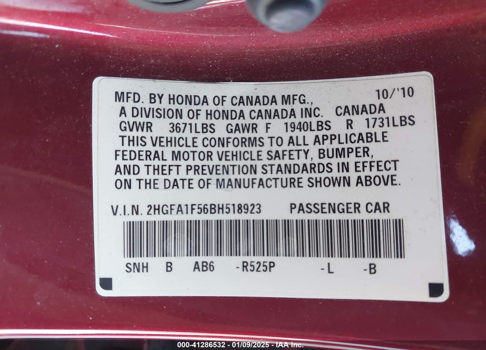 2011 HONDA CIVIC VIN: 2HGFA1F56BH518923