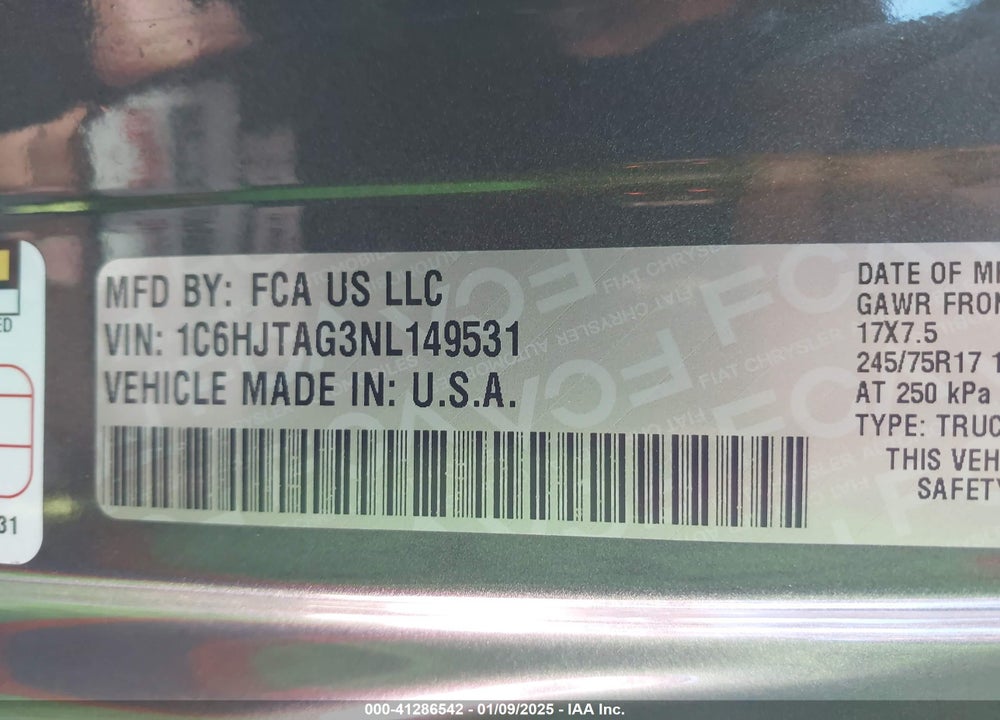 2022 JEEP GLADIATOR VIN: 1C6HJTAG3NL149531