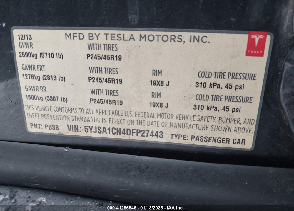 2013 TESLA MODEL S VIN: 5YJSA1CN4DFP27443