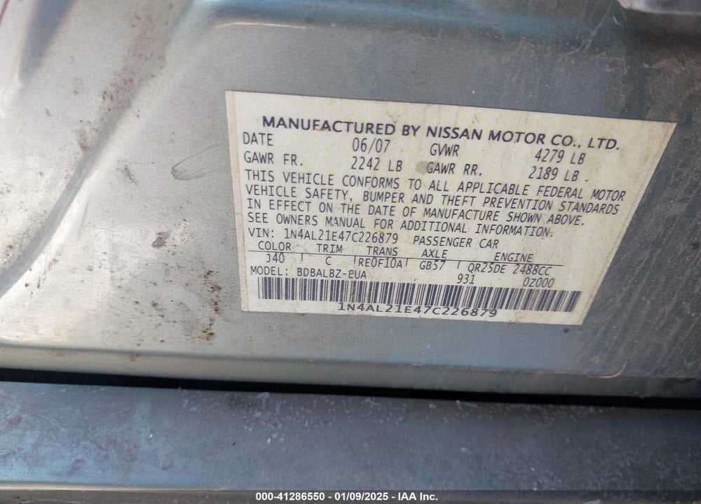 2007 NISSAN ALTIMA VIN: 1N4AL21E47C226879