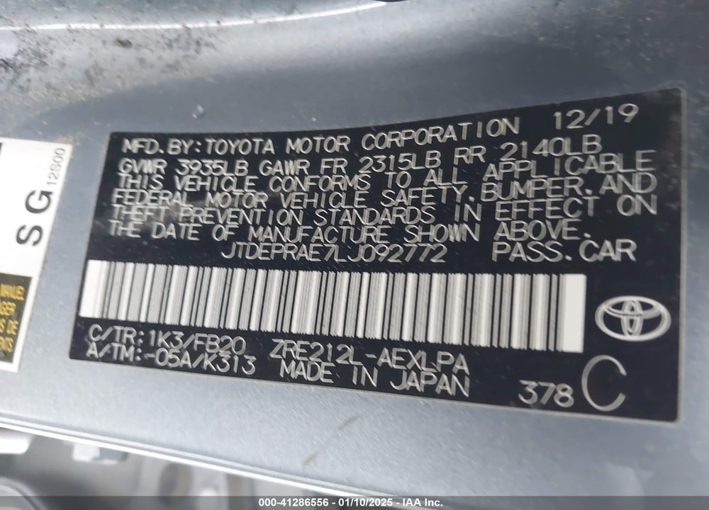 2020 TOYOTA COROLLA VIN: JTDEPRAE7LJ092772