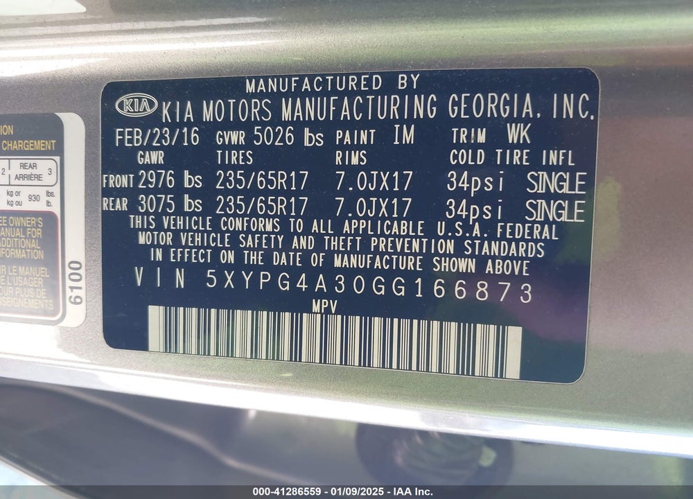 2016 KIA SORENTO 2.4L L VIN: 5XYPG4A30GG166873