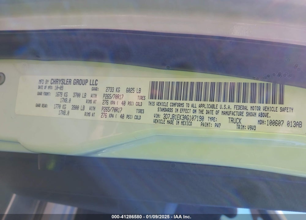 2010 DODGE RAM 1500 VIN: 3D7JB1EK3AG107190