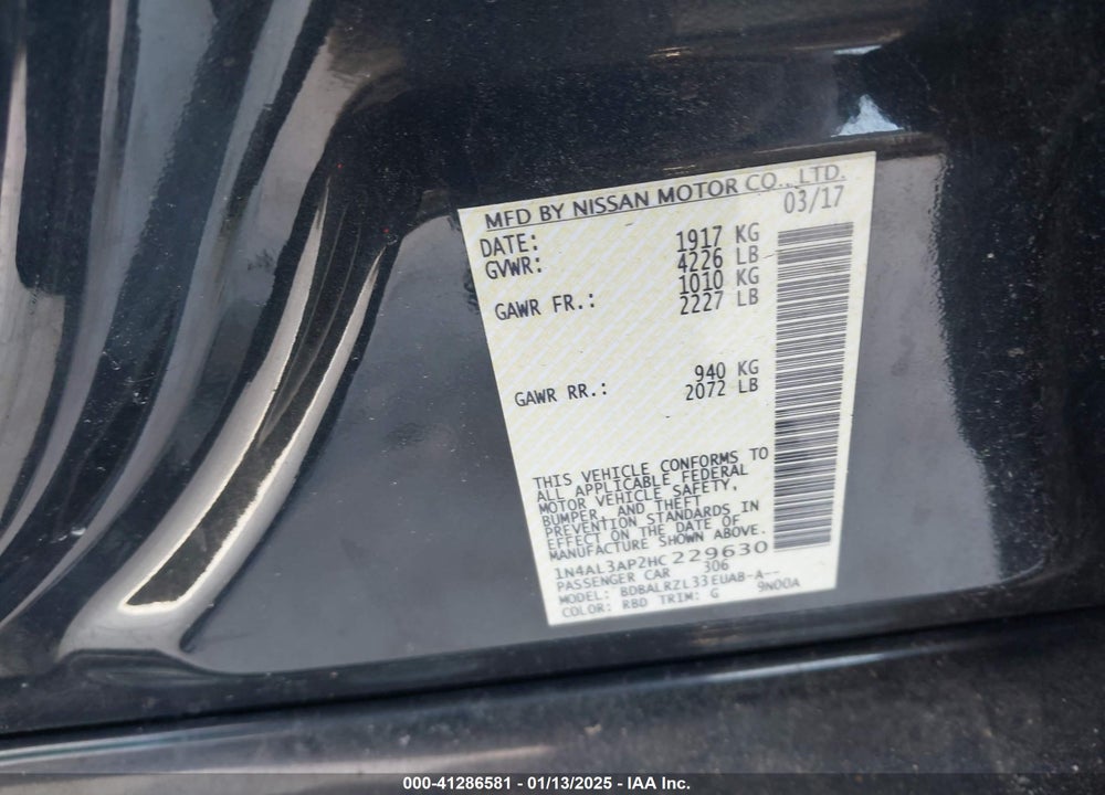 2017 NISSAN ALTIMA VIN: 1N4AL3AP2HC229630