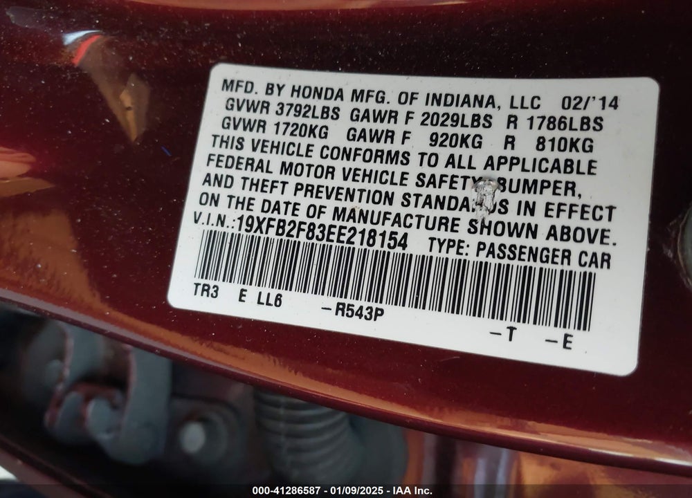 2014 HONDA CIVIC EX VIN: 19XFB2F83EE218154