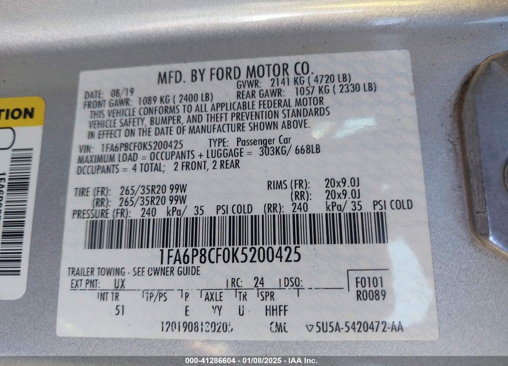 2019 FORD MUSTANG VIN: 1FA6P8CF0K5200425