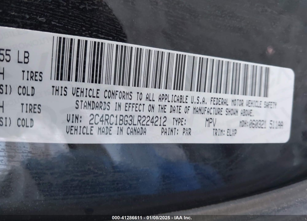 2020 CHRYSLER PACIFICA TOURING L VIN: 2C4RC1BG3LR224212