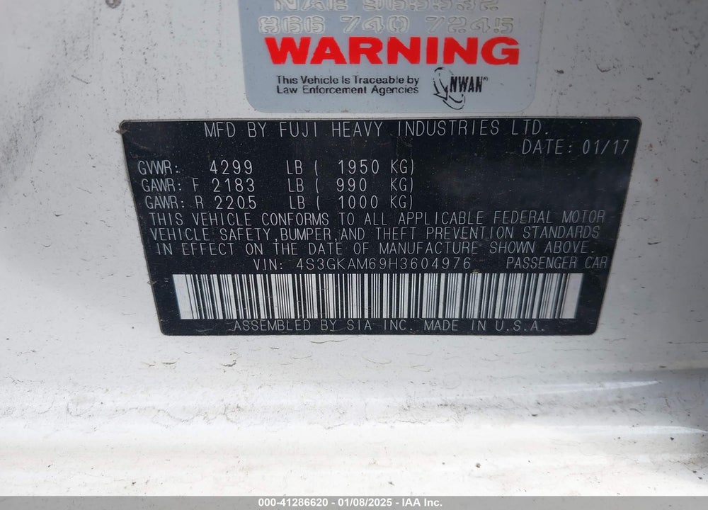 2017 SUBARU IMPREZA VIN: 4S3GKAM69H3604976