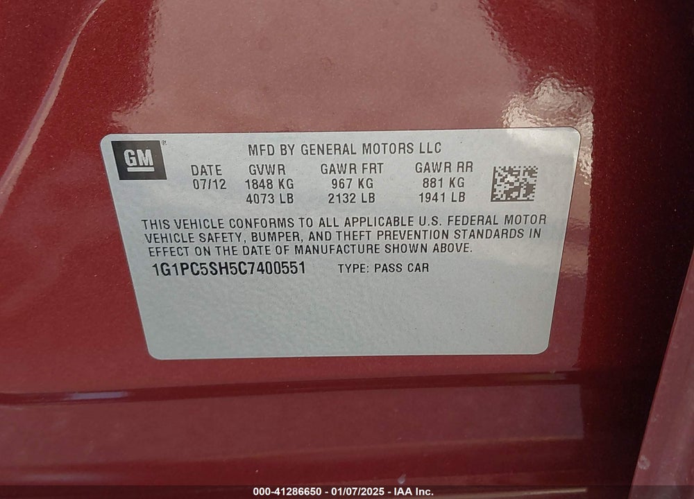 2012 CHEVROLET CRUZE LS VIN: 1G1PC5SH5C7400551
