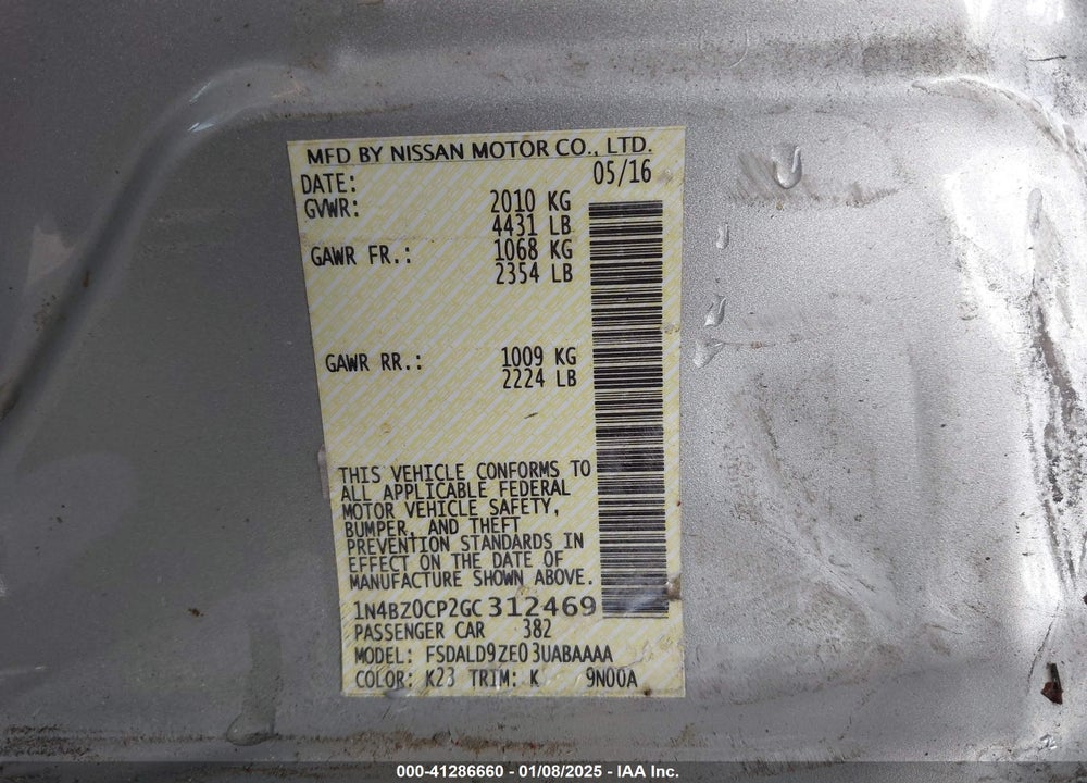2016 NISSAN LEAF SV VIN: 1N4BZ0CP2GC312469