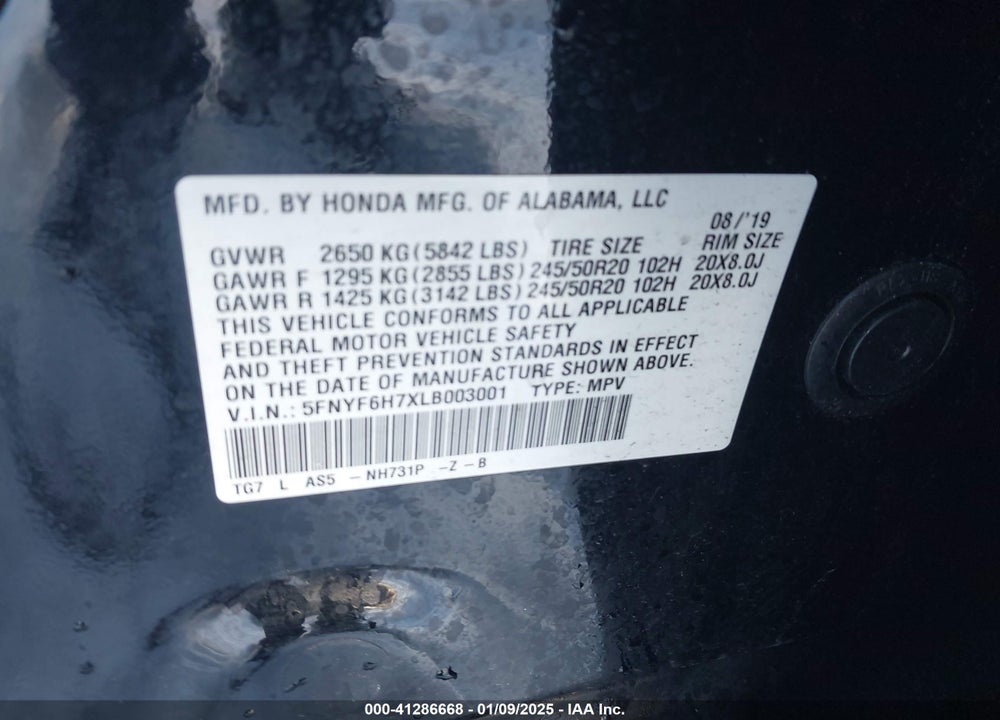 2020 HONDA PILOT AWD BLACK EDITION VIN: 5FNYF6H7XLB003001