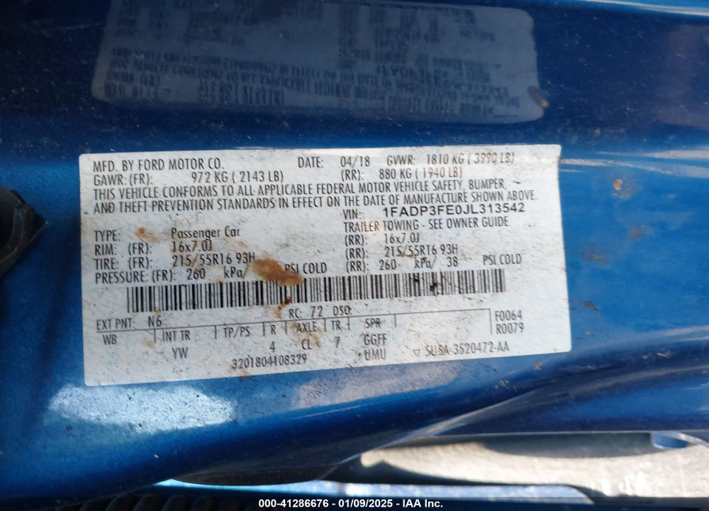 2018 FORD FOCUS VIN: 1FADP3FE0JL313542