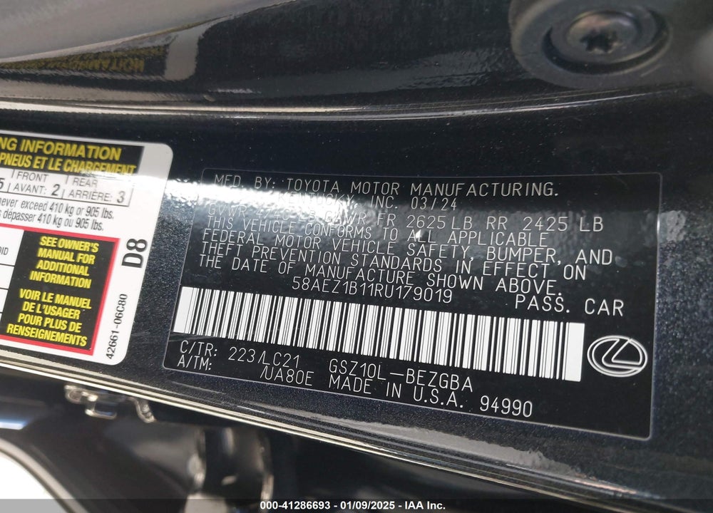 2024 LEXUS ES VIN: 58AEZ1B11RU179019