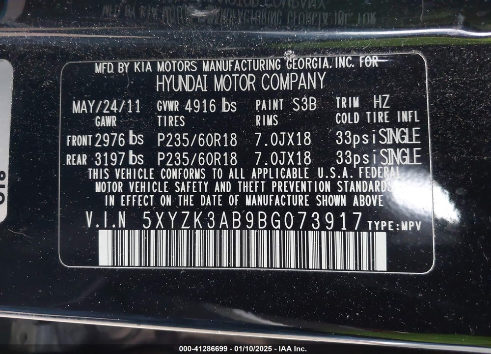 2011 HYUNDAI SANTA FE LIMITED VIN: 5XYZK3AB9BG073917