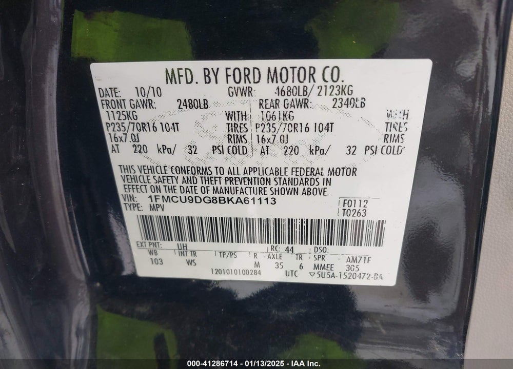2011 FORD ESCAPE XLT VIN: 1FMCU9DG8BKA61113