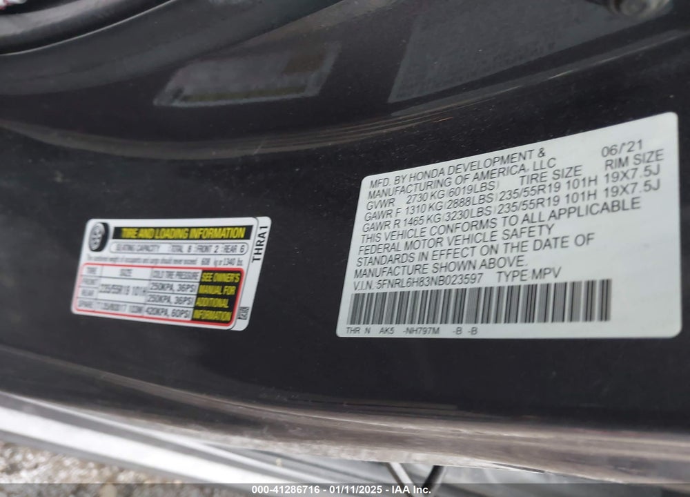 2022 HONDA ODYSSEY TOURING VIN: 5FNRL6H83NB023597