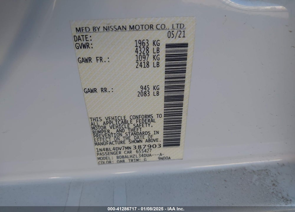 2021 NISSAN ALTIMA SV FWD VIN: 1N4BL4DV7MN387903