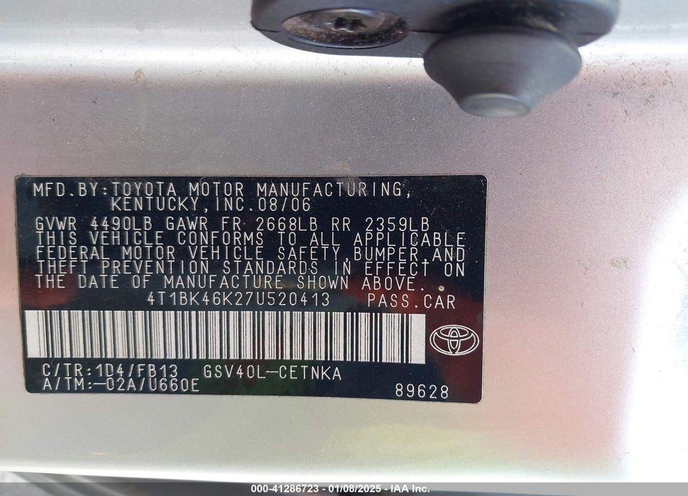 2007 TOYOTA CAMRY LE V6 VIN: 4T1BK46K27U520413