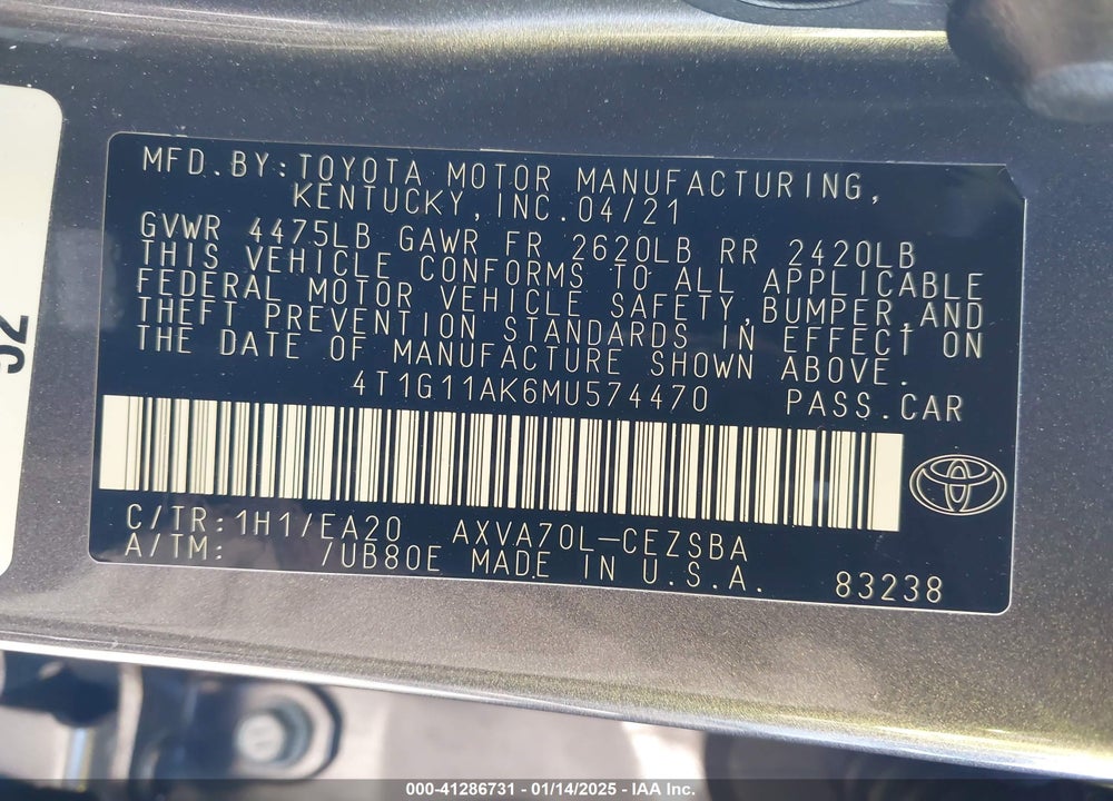 2021 TOYOTA CAMRY VIN: 4T1G11AK6MU574470