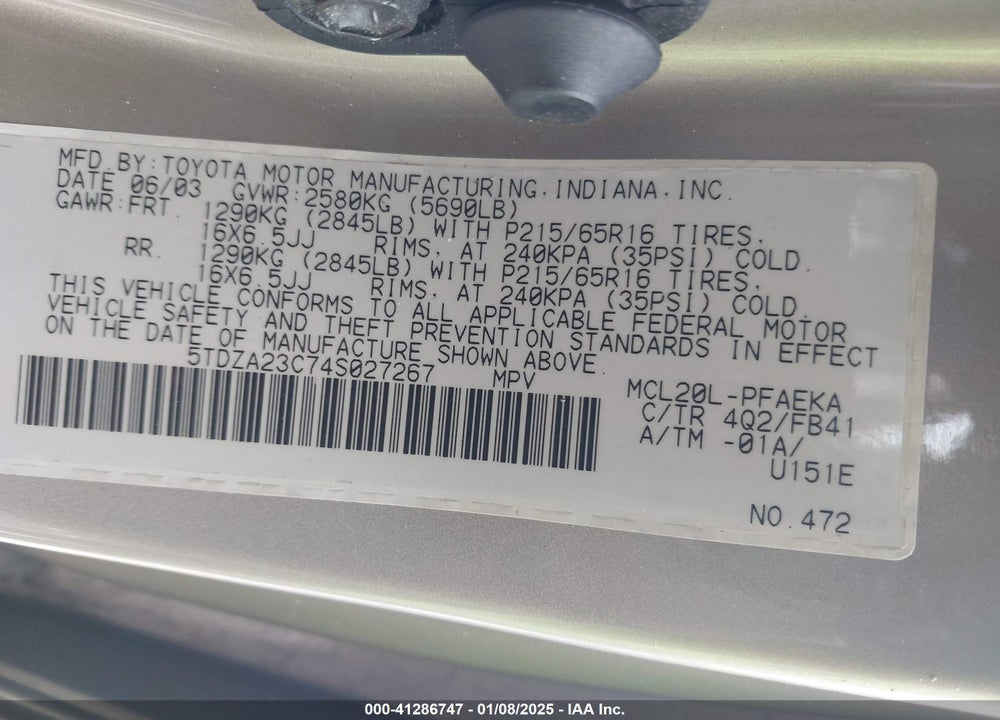 2004 TOYOTA SIENNA LE VIN: 5TDZA23C74S027267