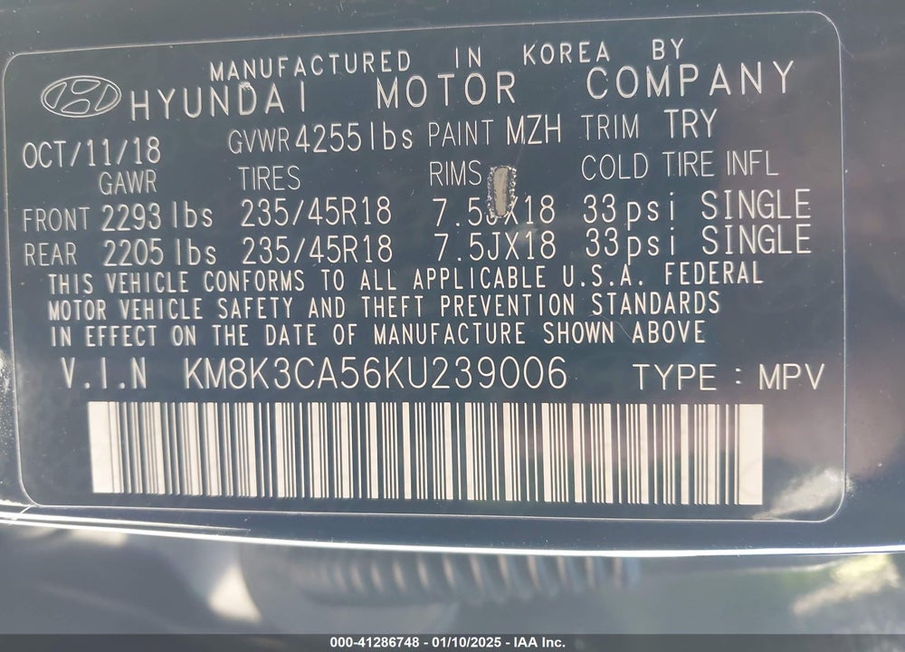 2019 HYUNDAI KONA LIMITED VIN: KM8K3CA56KU239006