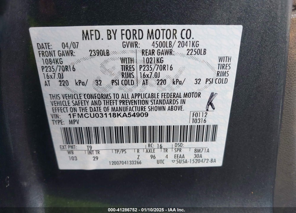 2008 FORD ESCAPE XLT VIN: 1FMCU03118KA54909