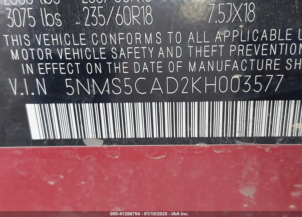2019 HYUNDAI SANTA FE ULTIMATE VIN: 5NMS5CAD2KH003577