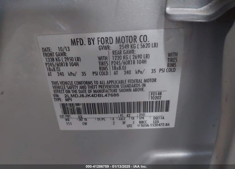2013 LINCOLN MKX VIN: 2LMDJ8JK4DBL47686