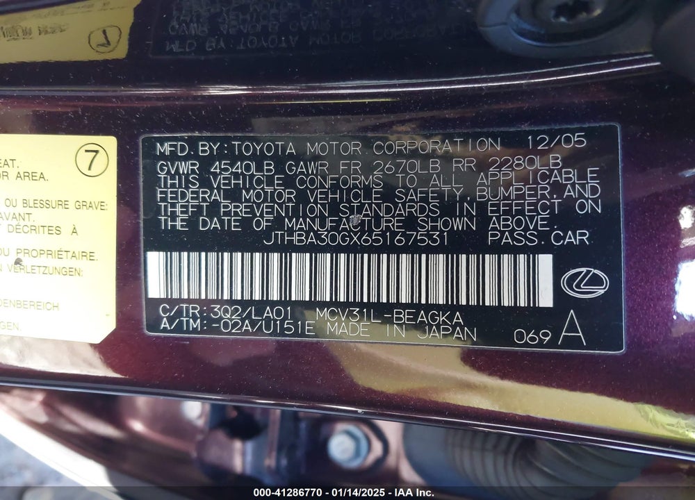 2006 LEXUS ES 330 VIN: JTHBA30GX65167531
