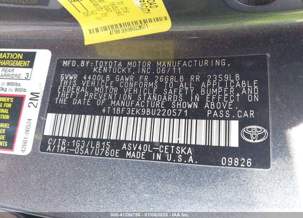 2011 TOYOTA CAMRY SE VIN: 4T1BF3EK9BU220571