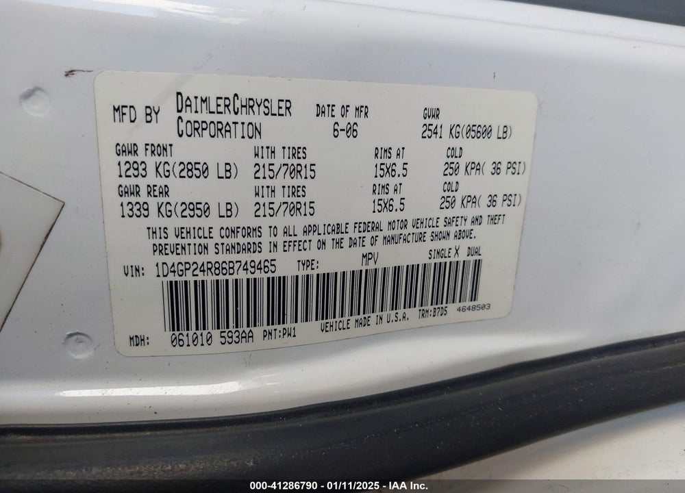 2006 DODGE GRAND CARAVAN SE VIN: 1D4GP24R86B749465