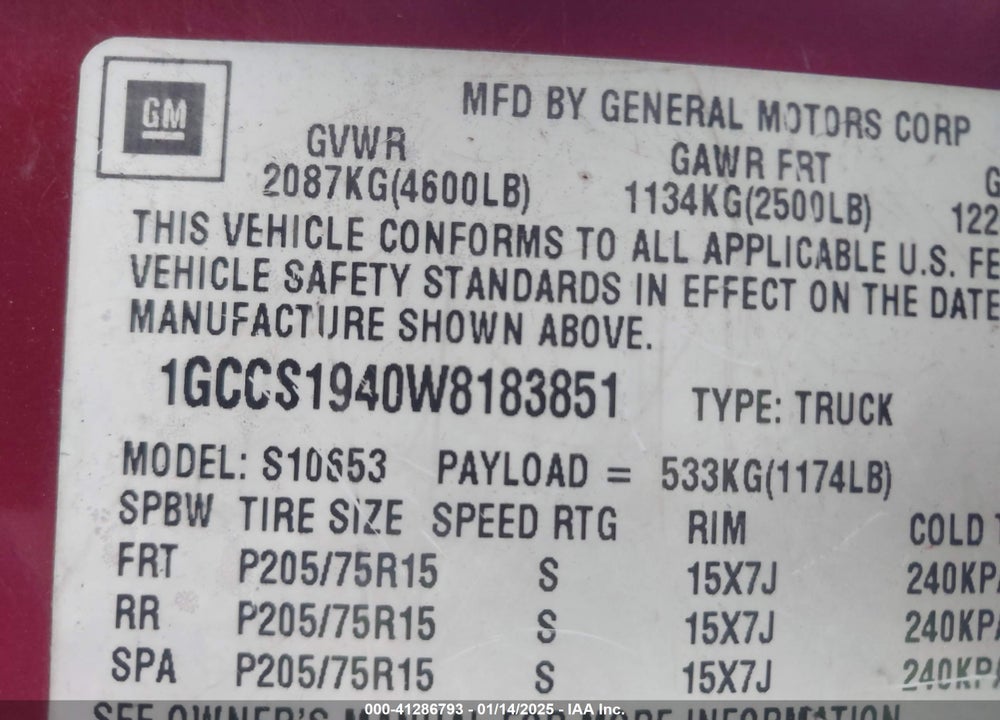 1998 CHEVROLET S-10 LS FLEETSIDE VIN: 1GCCS1940W8183851