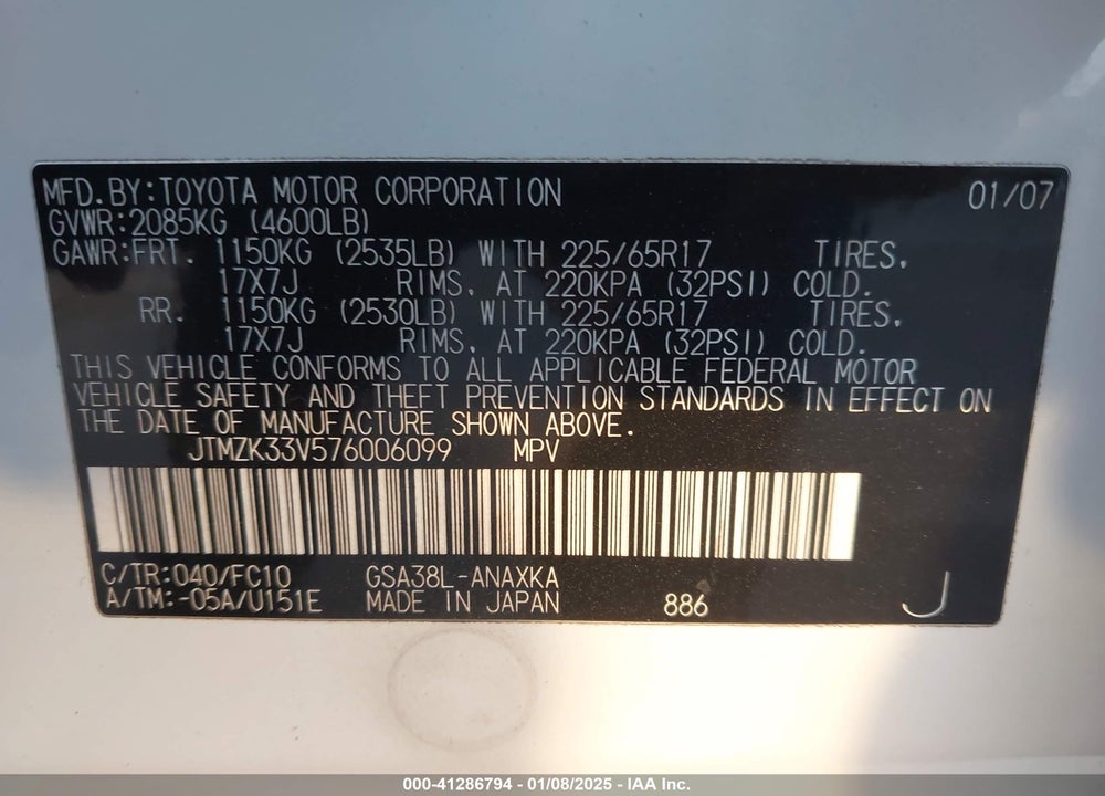 2007 TOYOTA RAV4 VIN: JTMZK33V576006099