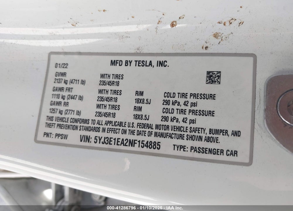 2022 TESLA MODEL 3 VIN: 5YJ3E1EA2NF154885