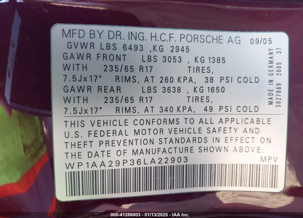 2006 PORSCHE CAYENNE VIN: WP1AA29P36LA22903