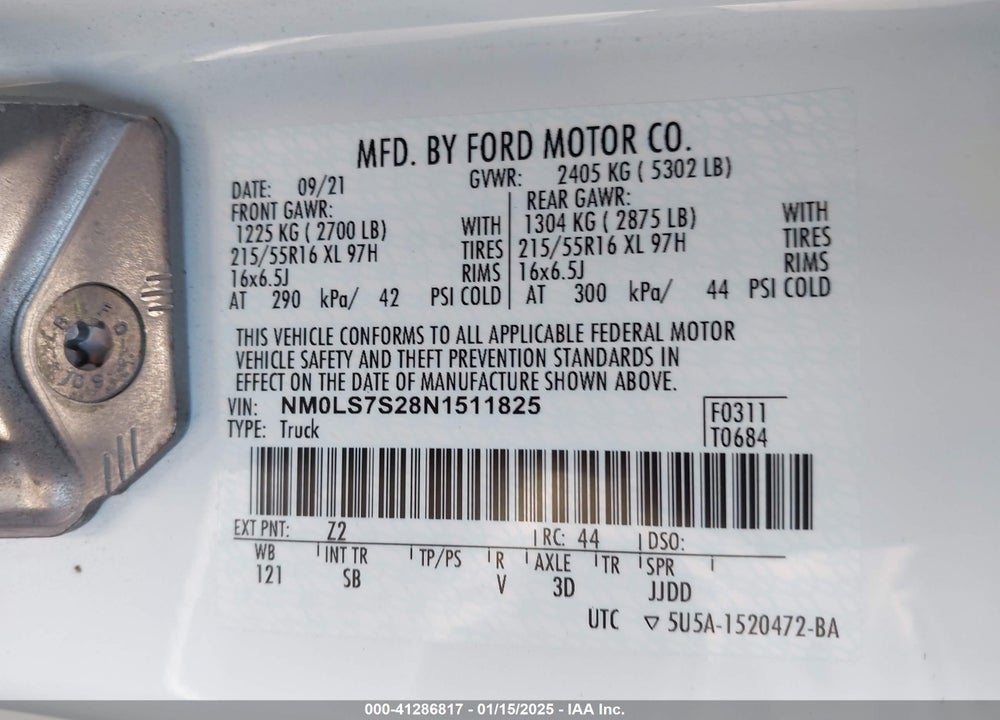 2022 FORD TRANSIT CONNECT XL CARGO VAN VIN: NM0LS7S28N1511825