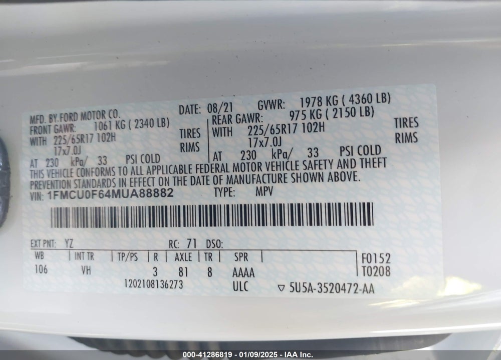 2021 FORD ESCAPE S VIN: 1FMCU0F64MUA88882