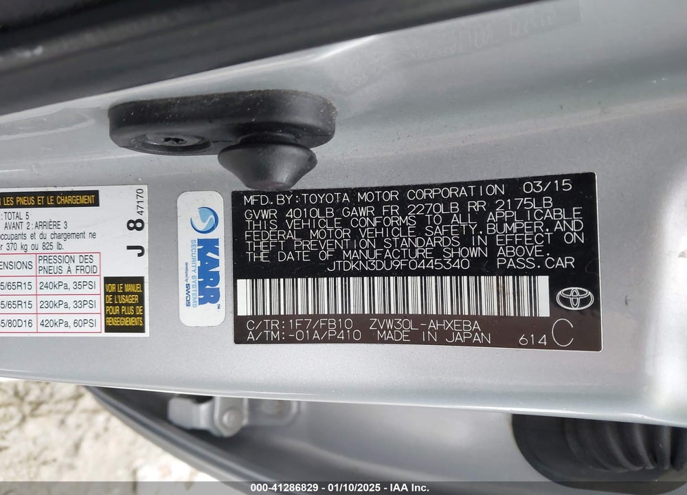 2015 TOYOTA PRIUS VIN: JTDKN3DU9F0445340